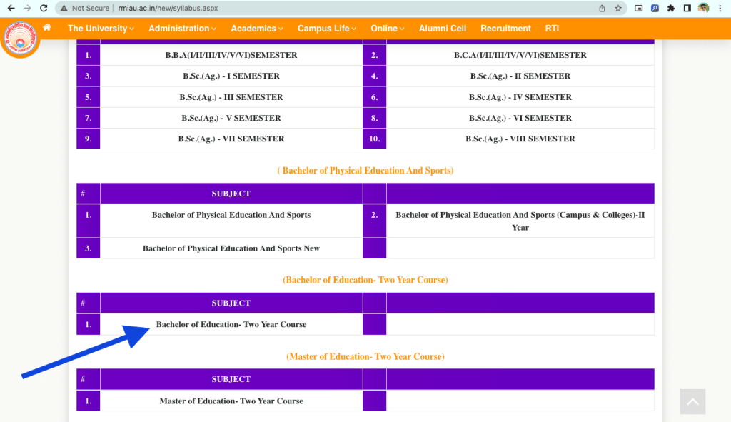 RMLAU BEd Syllabus, RMLAU BEd Second Year Syllabus